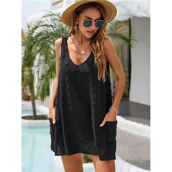 Womens Swiss Polka Dot V Neck Tank Dress Beach Cover Up Pockets Summer Casual - Picture 4 of 6